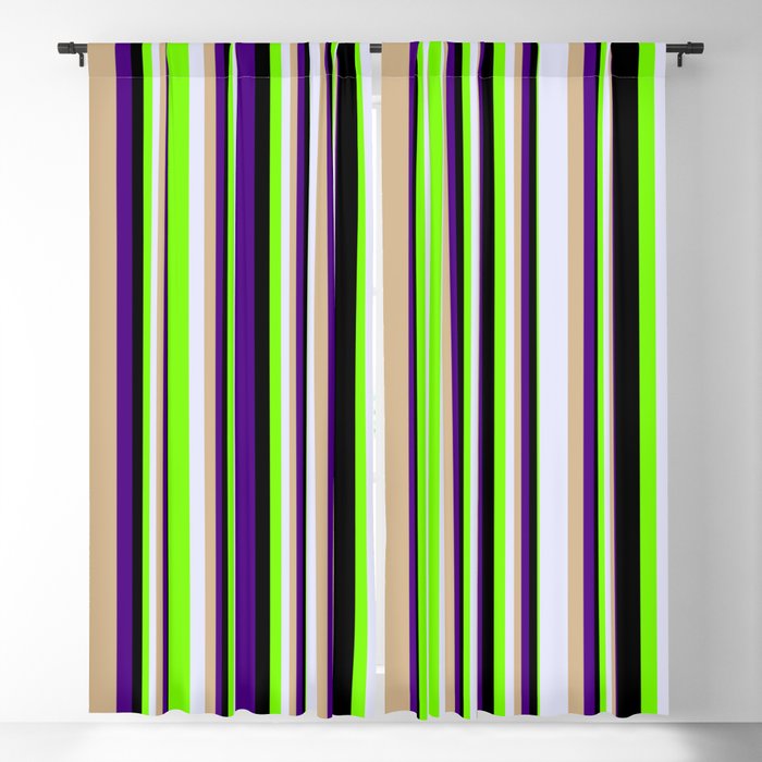 Eyecatching Indigo, Tan, Lavender, Green & Black Colored Lines/Stripes Pattern Blackout Curtain