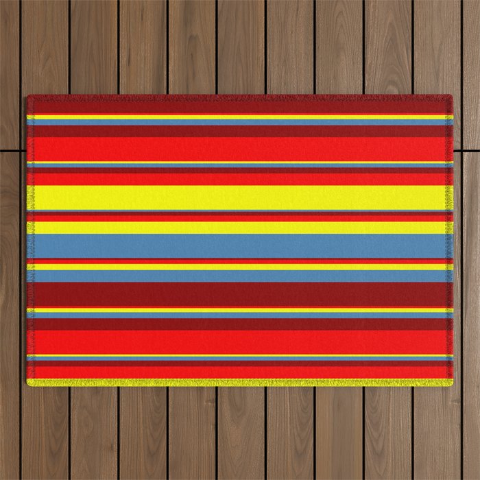 Red, Yellow, Blue & Dark Red Colored Stripes/Lines Pattern Outdoor Rug