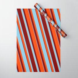 [ Thumbnail: Sky Blue, Red, and Maroon Colored Pattern of Stripes Wrapping Paper ]