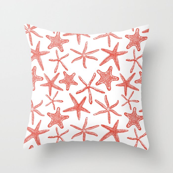 Sea stars hand drawn pattern in red Throw Pillow