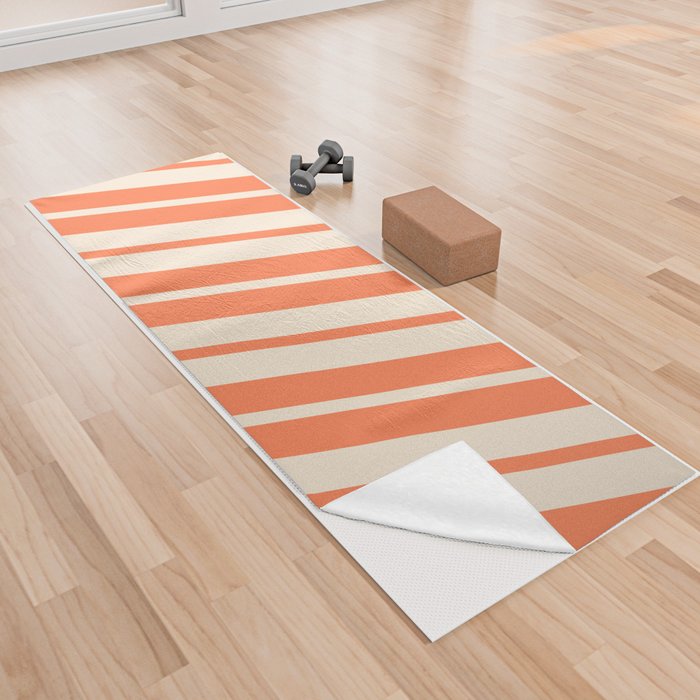 Coral & Beige Colored Pattern of Stripes Yoga Towel