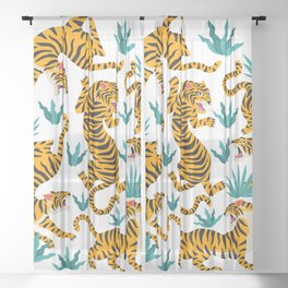Cute tiger dance in the tropical forest hand drawn illustration Sheer Curtain