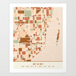 MIAMI FLORIDA CITY MAP EARTH TONES Art Print