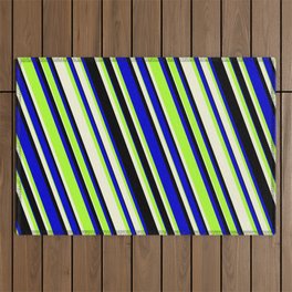 [ Thumbnail: Blue, Light Green, Beige & Black Colored Lines/Stripes Pattern Outdoor Rug ]
