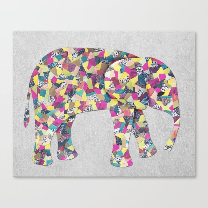 Elephant Collage in Gray Hot Pink Teal and Yellow Canvas Print