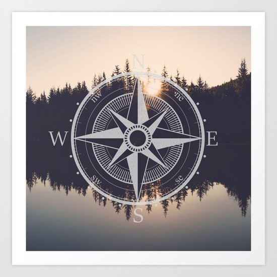 Wooded Lake Reflection Compass Art Print