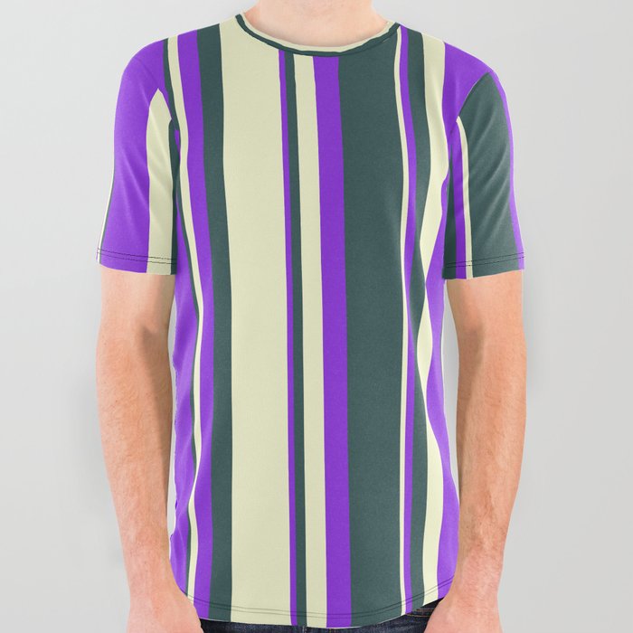 Dark Slate Gray, Light Yellow, and Purple Colored Lines/Stripes Pattern All Over Graphic Tee