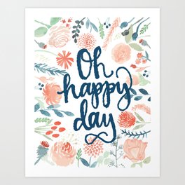 Oh Happy Day | Digital Watercolor Floral Navy Pink Mint Art Print