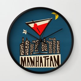Manhattan Cocktail Print Wall Clock | Bar, Cream, Midcentury, Blue, City, Typography, Kitchen, Entrancehall, Newyork, Graphicdesign 