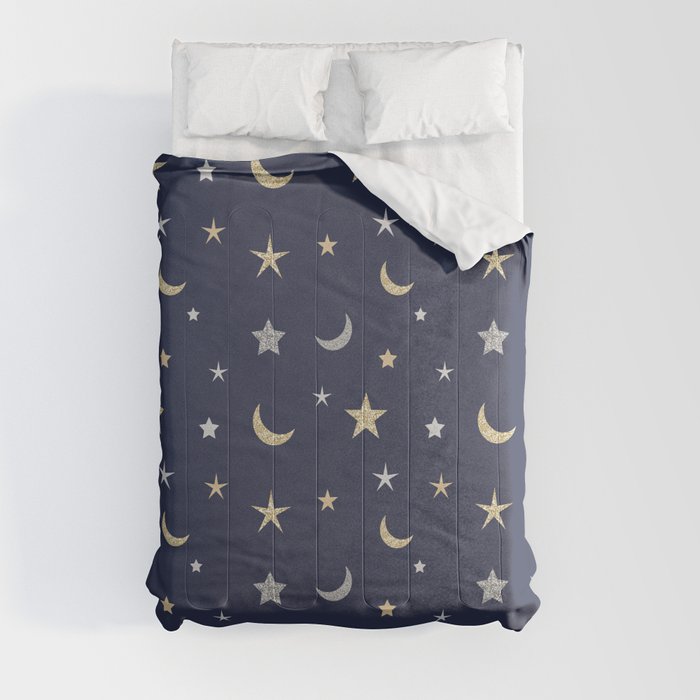 Gold and silver moon and star pattern on navy blue background Comforter