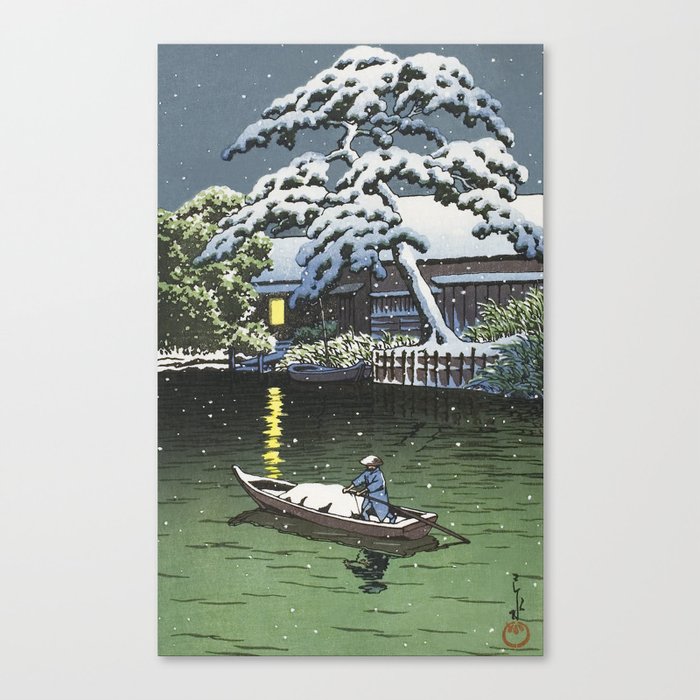 Hasui Kawase, Snowy Night At Funabori - Vintage Japanese Woodblock Print Art Canvas Print