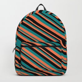[ Thumbnail: Black, Dark Cyan & Coral Colored Striped Pattern Backpack ]