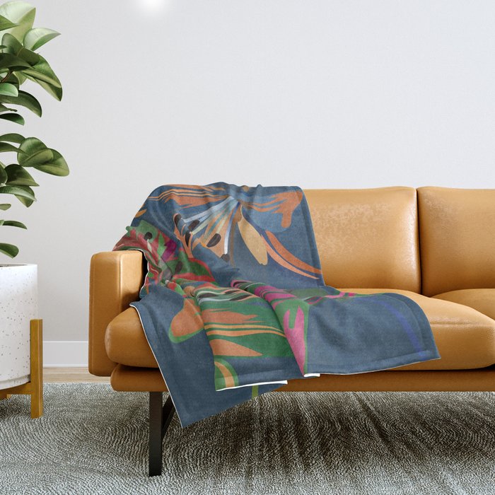 Lily - Colorful Floral Bouquet Art Pattern on Blue Throw Blanket