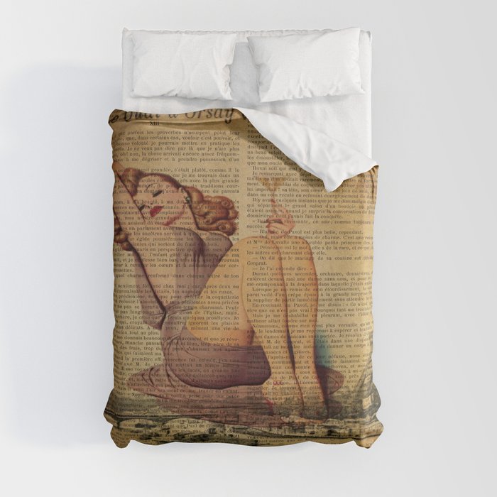 vintage newspaper print paris eiffel tower pin up girl Duvet Cover