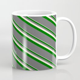 [ Thumbnail: Beige, Dark Green & Dim Grey Colored Lines/Stripes Pattern Coffee Mug ]