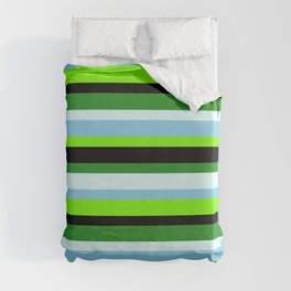 [ Thumbnail: Forest Green, Light Cyan, Sky Blue, Green & Black Colored Lines Pattern Duvet Cover ]