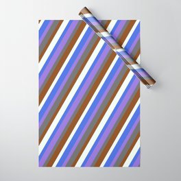 [ Thumbnail: Eye-catching Dim Grey, Brown, Mint Cream, Royal Blue, and Purple Colored Lines/Stripes Pattern Wrapping Paper ]