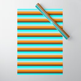 [ Thumbnail: Eyecatching Cyan, Powder Blue, Dark Orange, Brown, and Black Colored Striped Pattern Wrapping Paper ]