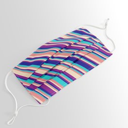 [ Thumbnail: Light Coral, Bisque, Purple, Dark Blue, and Dark Turquoise Colored Lined/Striped Pattern Face Mask ]