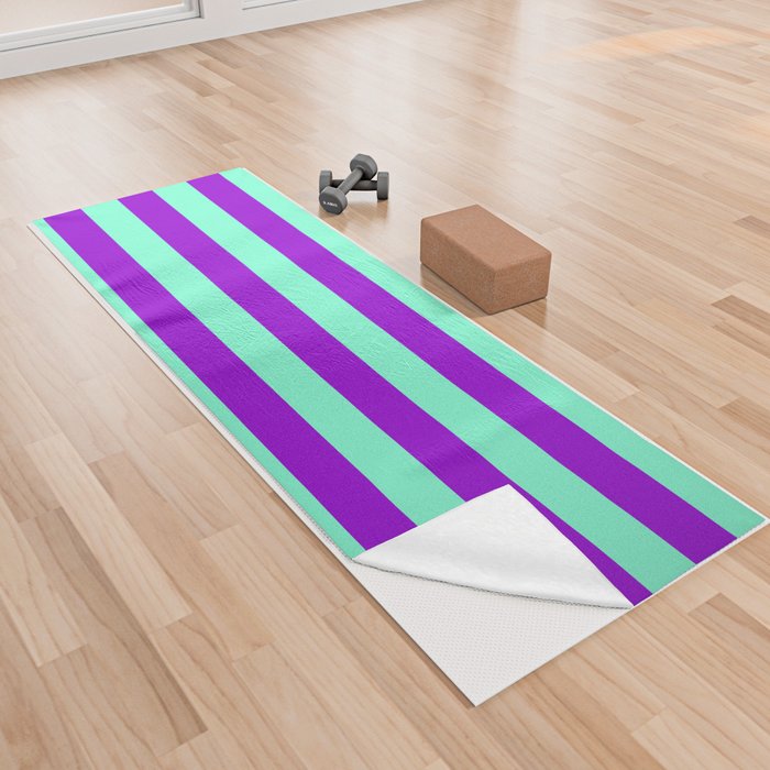 Aquamarine and Dark Violet Colored Striped Pattern Yoga Towel