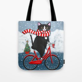 Winter Tuxedo Cat Bicycle Ride Tote Bag