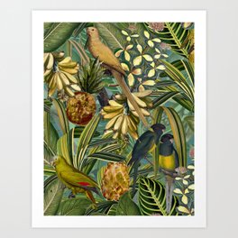Vintage & Shabby Chic - Green Tropical Bird Flower Garden Art Print