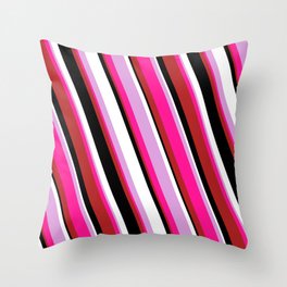 [ Thumbnail: Eyecatching Plum, Deep Pink, Red, Black & White Colored Lined/Striped Pattern Throw Pillow ]
