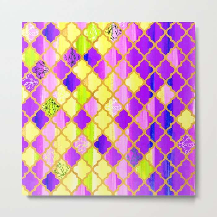 Moroccan Tile Pattern In Purple And Yellow Metal Print