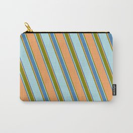 [ Thumbnail: Brown, Green, Powder Blue & Blue Colored Stripes Pattern Carry-All Pouch ]