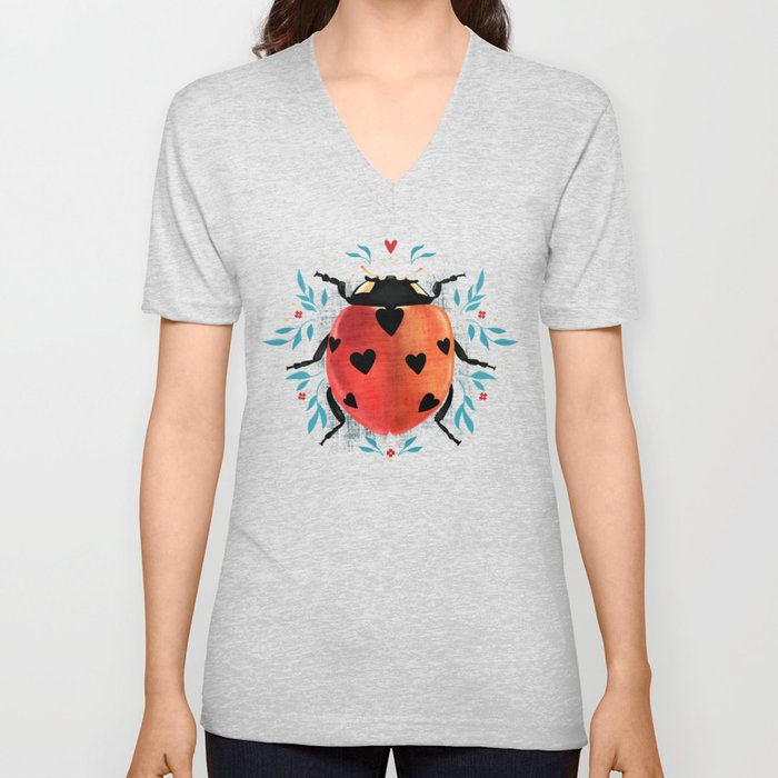 Floral Ladybug V Neck T Shirt