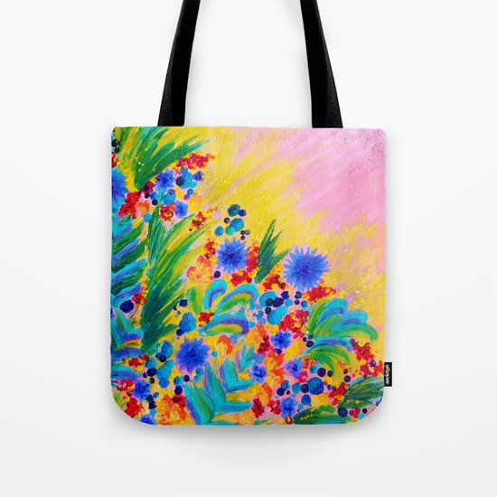NATURAL ROMANCE in PINK - October Floral Garden Sweet Feminine Colorful Rainbow Flowers Painting Tote Bag