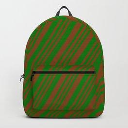 [ Thumbnail: Brown & Green Colored Stripes Pattern Backpack ]