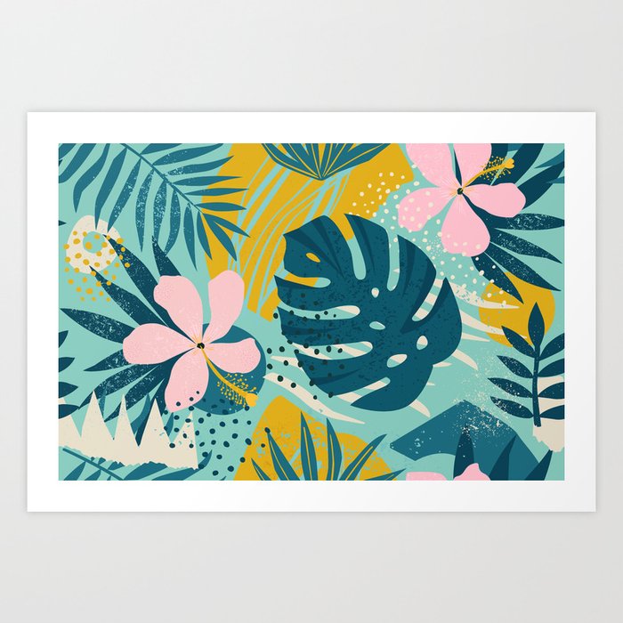 Tropical geometric flowers and plants on turquoise background Art Print