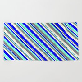 [ Thumbnail: Aquamarine, Grey, Beige & Blue Colored Pattern of Stripes Beach Towel ]