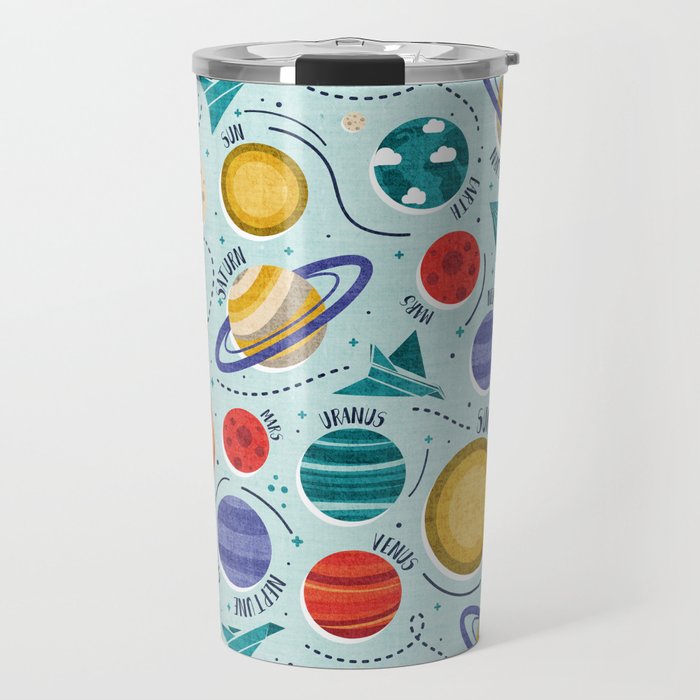 Paper space adventure I // aqua background multicoloured solar system paper cut planets origami paper spaceships and rockets Travel Mug