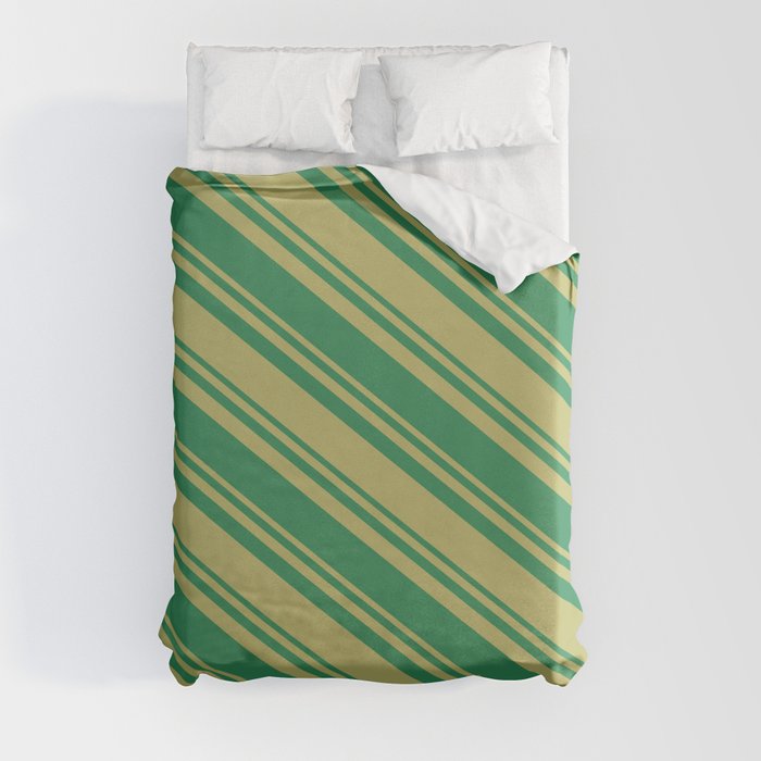 Dark Khaki & Sea Green Colored Striped Pattern Duvet Cover