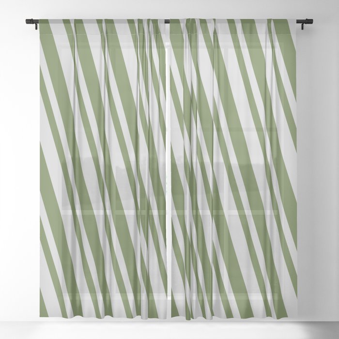 Light Gray & Dark Olive Green Colored Lines/Stripes Pattern Sheer Curtain