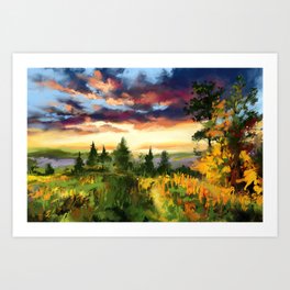 Autumnal sunset, digital colorful landscape Art Print