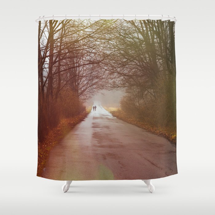 Winter Forest Road - Red Nature Landscape Shower Curtain