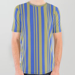 [ Thumbnail: Dark Khaki & Royal Blue Colored Striped Pattern All Over Graphic Tee ]