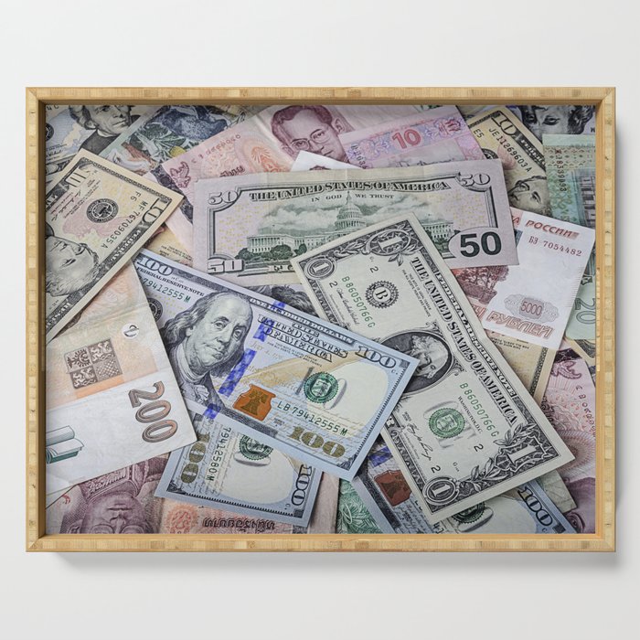 A collection of various foreign currencies Serving Tray