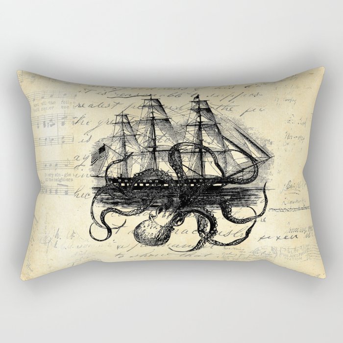 Kraken Octopus Attacking Ship Multi Collage Background Rectangular Pillow