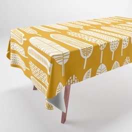 White Abstract Seamless Leaves Pattern on Mustard Background Tablecloth