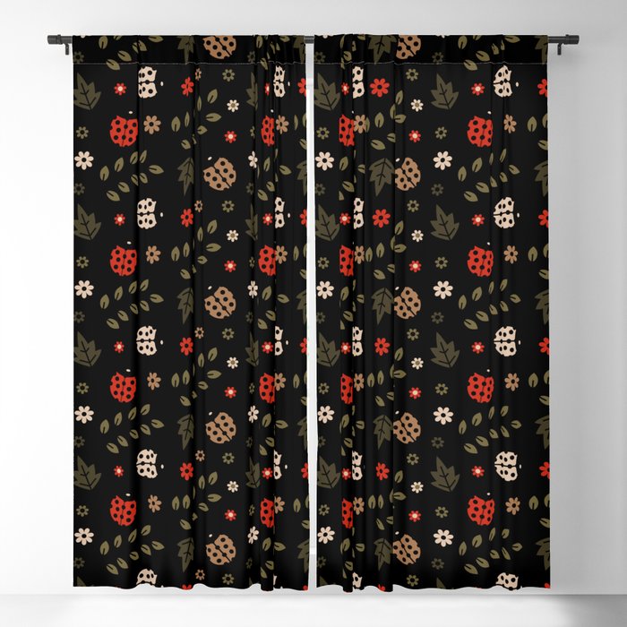 Ladybug and Floral Seamless Pattern on Black Background  Blackout Curtain