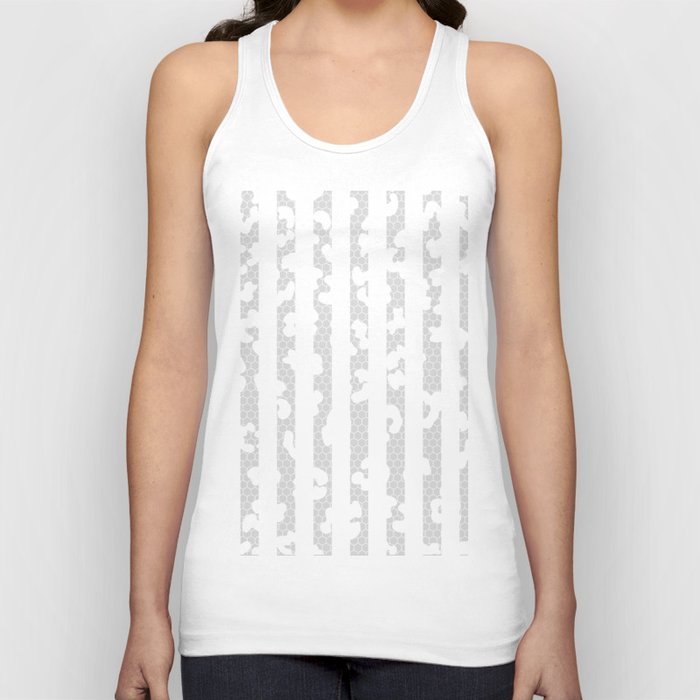 White Tiger Leather Print on Silver Grey and White Stripes Tank Top