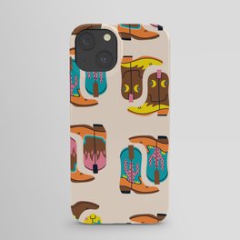 Various cowboy boots. Different ornaments. Cactus, Fire, Stars. Fashion concept. Wild West theme. Hand drawn colored trendy vintage seamless square Pattern. Background, wallpaper iPhone Case