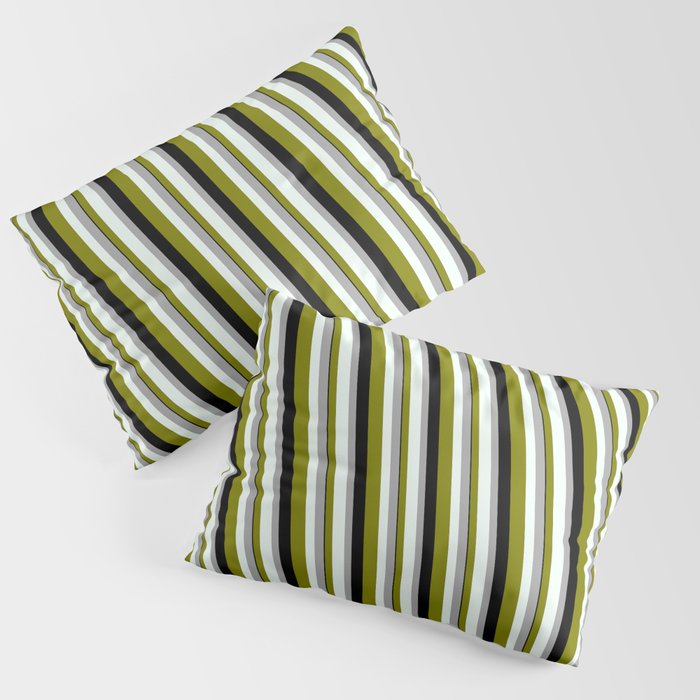 Dark Gray, Mint Cream, Green & Black Colored Stripes/Lines Pattern Pillow Sham