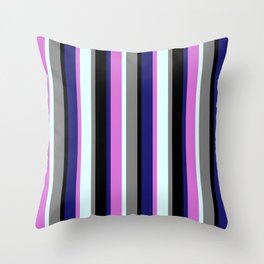[ Thumbnail: Eye-catching Midnight Blue, Orchid, Light Cyan, Gray, and Black Colored Stripes/Lines Pattern Throw Pillow ]