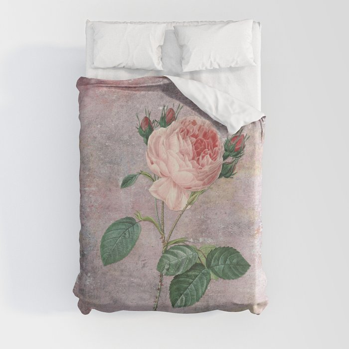 Vintage & Shabby Chic - Rose on pink grunge background  - Roses and flowers garden Duvet Cover