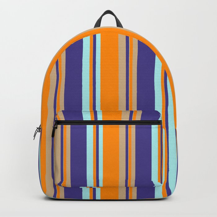 Dark Slate Blue, Tan, Dark Orange & Turquoise Colored Stripes Pattern Backpack